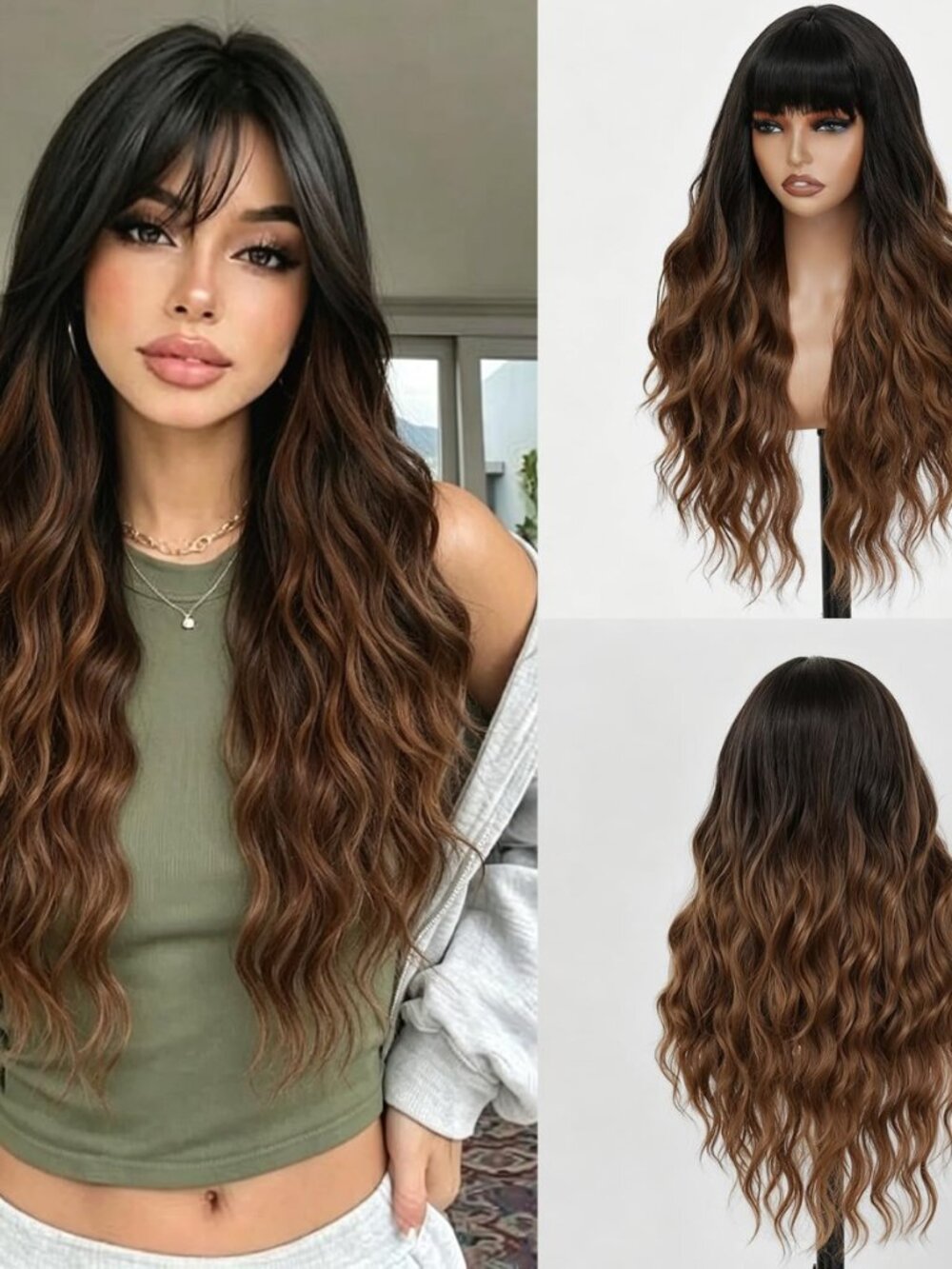 Ombre Brown Wig with Bangs for Women, Long Wavy Black To Brown Wig 26 Inch Wigs